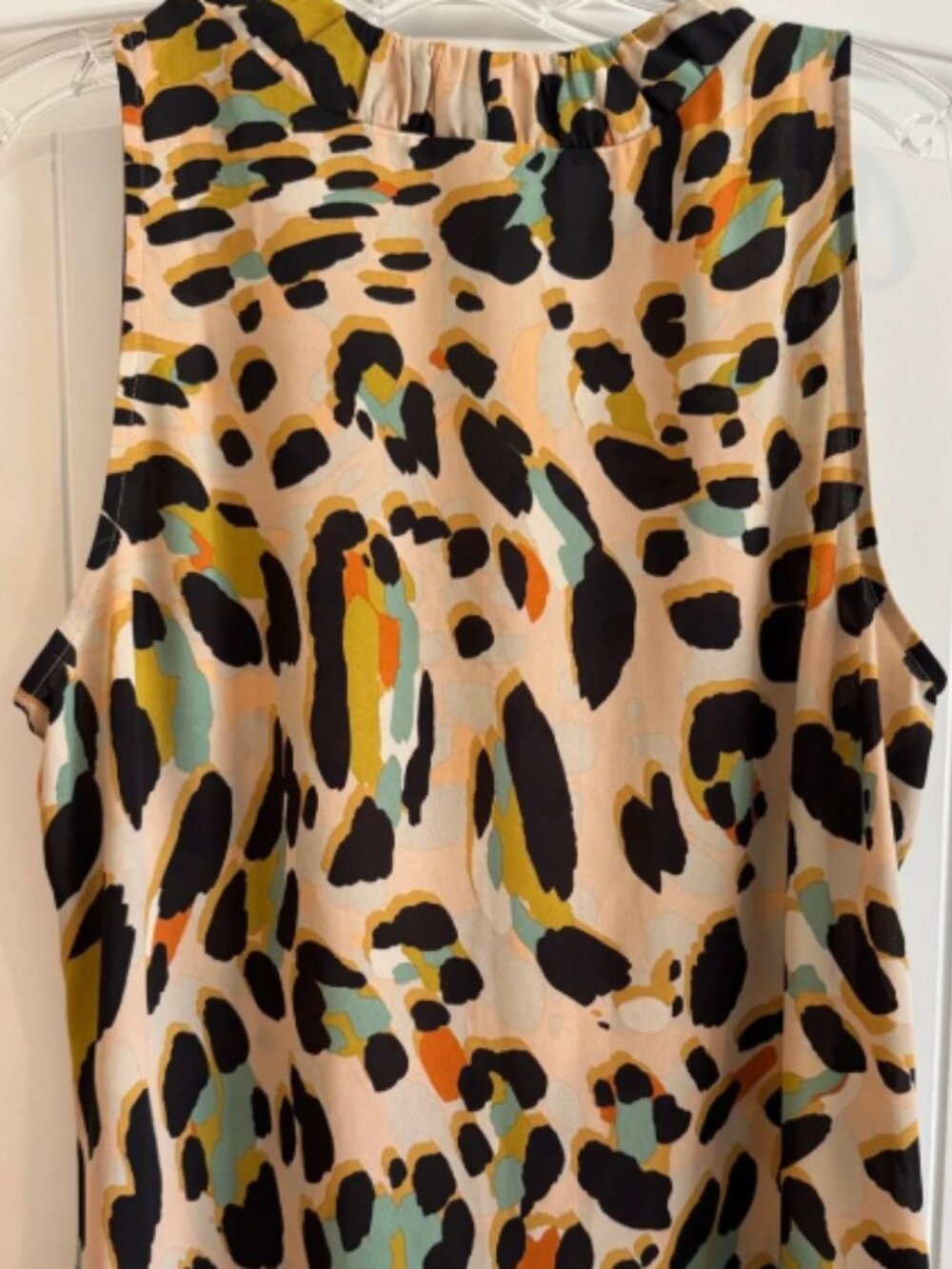 CAbi Sleeveless V-Neck Josie Top in Beige with Black, Green & Orange Spots - Picture 2 of 2